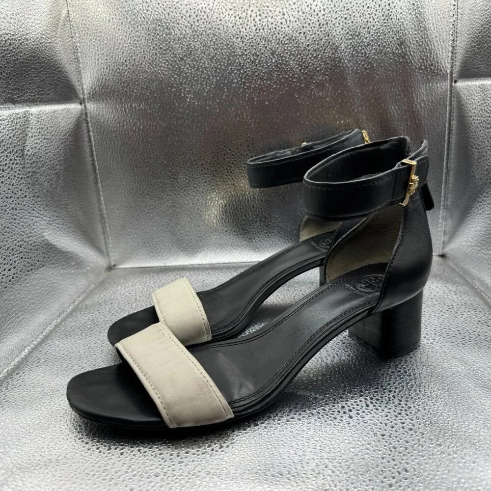 Size 9.5 M Tory Burch Black White Womens Two-Tone Block Heel Strappy Sandals